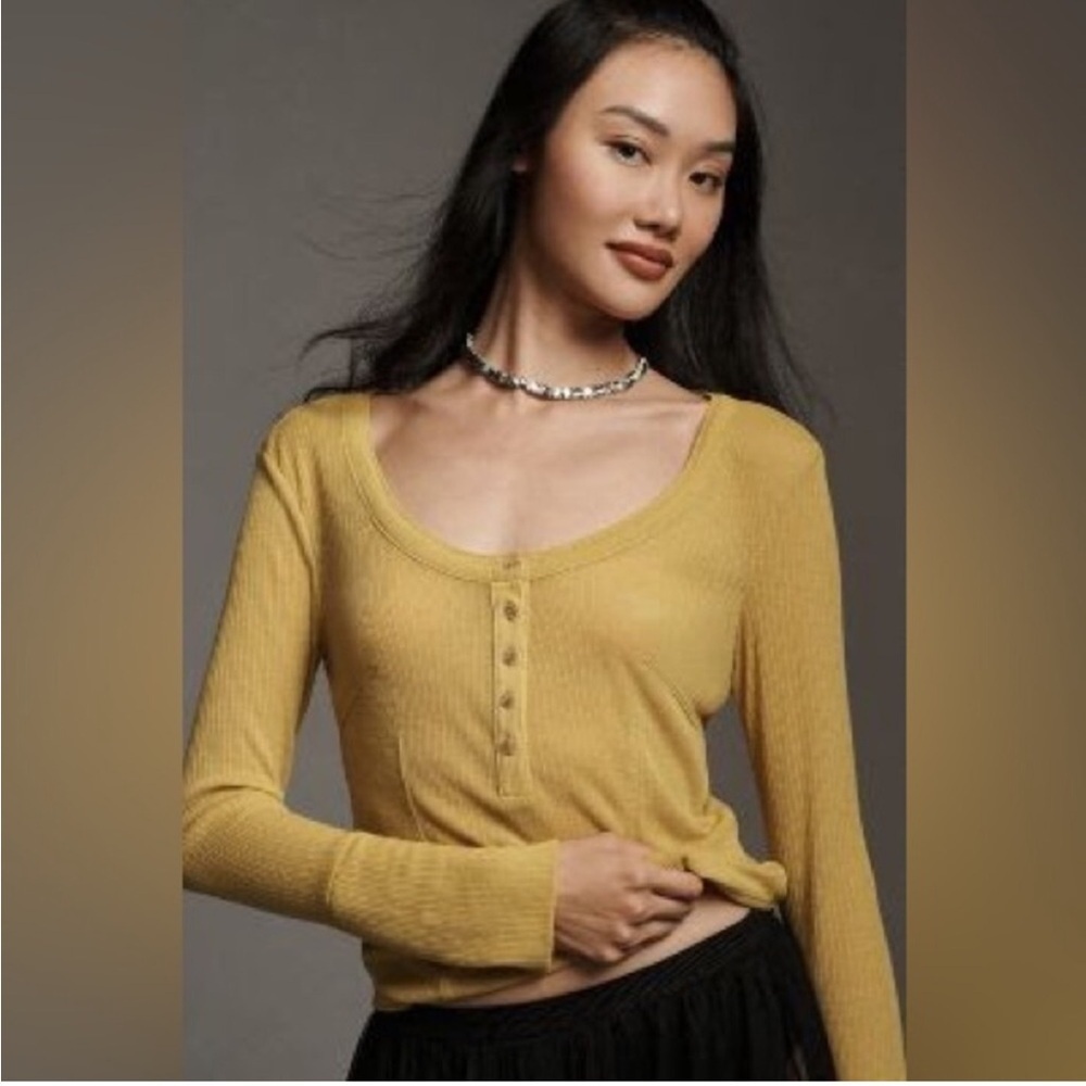 Anthropologie | Andie Ribbed Tissue Henley Top by Pilcro Yellow XXS